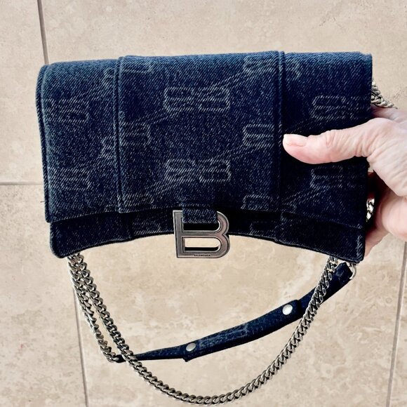 Balenciaga Hourglass Wallet On Chain Blue/Black Denim BB Monogram - Picture 1 of 6